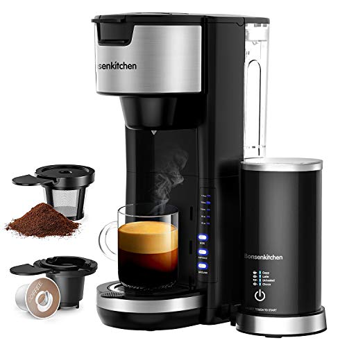 Singles Serve Coffee Makers With Milk Frother, 2-In-1 Coffee Machine For K Cup Pod & Coffee Ground, Latte and Cappuccino Maker, Built in Portable Electric Milk Steamer