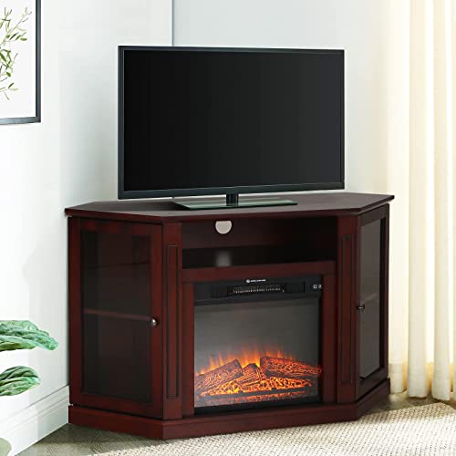 MFSTUDIO Corner Electric Fireplace TV Stand for TV's Up to 55", 1400W Insert Fireplace Heater with Adjustable Led Flame, Logs, Remote Control, 48 Inch Wood Storage Cabinet with Glass Doors (Cherry)