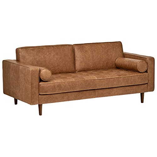 Amazon Brand – Rivet Aiden Mid-Century Modern Tufted Leather Loveseat Sofa, 74"W, Cognac