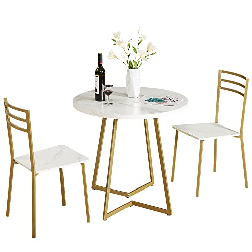 VECELO Small Round Dining Table Set for 2, Wood Marbled Tabletop with Steel Frame, Modern Dinette with Chairs for Kitchen Breakfast Nook Living Room, White and Gold