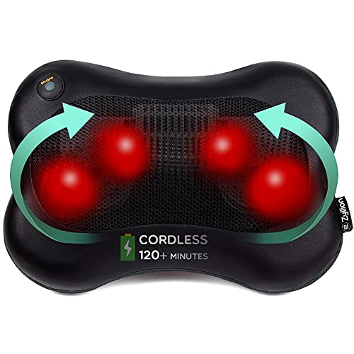 Zyllion Shiatsu Back and Neck Massager - Cordless Rechargeable 3D Kneading Massage Pillow with Heat for Muscle Pain Relief - Black (ZMA-13RB-BK)