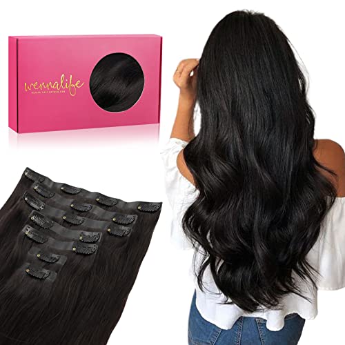 WENNALIFE Seamless Clip In Hair Extensions, 22 Inch 150g 7pcs Natural Black Hair Extensions Clip in Human Hair Invisible PU Skin Weft Natural Remy Human Hair Extensions
