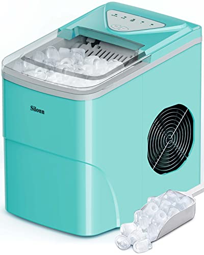 Silonn Ice Makers Countertop, 9 Cubes Ready in 6 Mins, 26lbs in 24Hrs, Self-Cleaning Ice Machine with Ice Scoop and Basket, 2 Sizes of Bullet Ice for Home Kitchen Office Bar Party