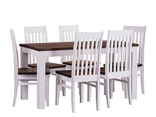 B.R.A.S.I.L.-Möbel TableChamp Dining Table Set Rio Six Pine Chairs Dark Brown Solid Wood Oak Antique White