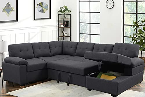 BEEY Sleeper Sectional Sofa Bed with Pull-Out Bed U Shaped Sleeper Sofa with Storage Chaise Lounge for Living Room,Apartment in Deep Grey