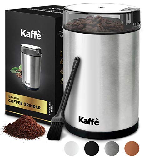 Kaffe Coffee Grinder Electric - Spice Grinder w/ Cleaning Brush, Easy On/Off - Perfect for Espresso, Herbs, Spices, Nuts, Grain - 3.5oz / 14 Cup. Stainless Steel