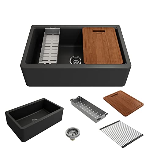 BOCCHI Arona Apron-Front 33 in. Single Bowl Granite Composite Kitchen Sink with Integrated Workstation and Accessories in Matte Black BOCCHI Arona Apron-Front 33 in. Single Bowl Granite Composite Kitchen Sink with Integrated Workstation and Accessories in Matte Black