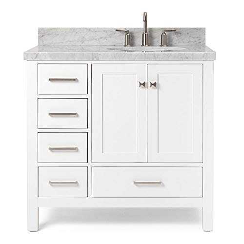 ARIEL 37" Inch Right Offset Bathroom Vanity in White with 1.5" Inch Edge Carrara White Marble Counter-top | Oval Sink | 2 Soft Closing Doors and 5 Full Extension Dovetail Drawers | Satin Nickel Pulls