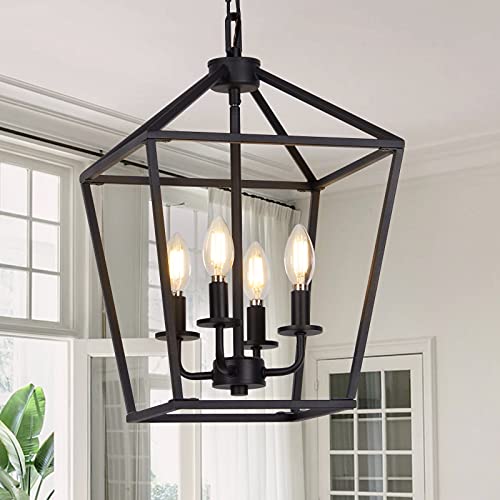 4 Light Pendant Lighting, Industrial Ceiling Light Black Lantern Chandelier with Farmhouse Metal Cage Adjustable Height Rustic Geometric Hanging Light E12 Base for Kitchen Island, Bedroom or Entryway