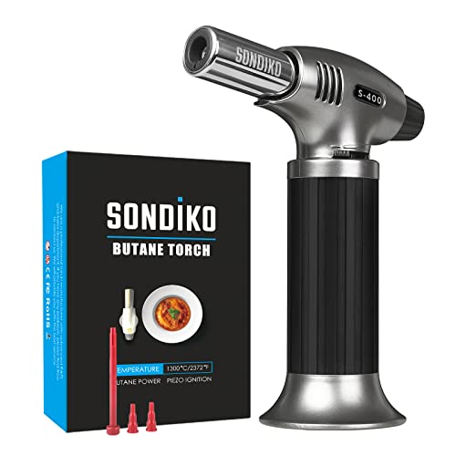 Sondiko Culinary Butane Torch, Black and Gray SP400, Fit All Small Butane Tanks with Safety Lock and Adjustable Flame for Desserts, Creme Brulee(Butane Gas Not Included)