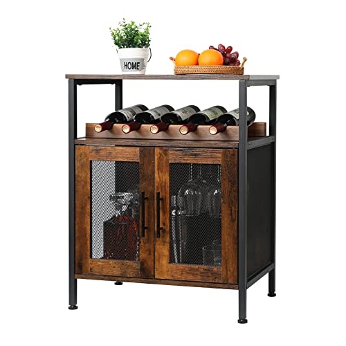 Wine Bar Rack Cabinet with Detachable Wine Rack, Coffee Bar Cabinet with Glass Holder, Small Sideboard and Buffet Cabinet with Mesh Door, Rustic Brown(Patent Pending)