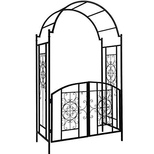 OUTOUR Elegant Garden Arch with Gate, Garden Arbor Trellis Arbour Archway for Climbing Plants Roses Vines Support Rack, Outdoor Garden Lawn Backyard Patio, Matte Black …
