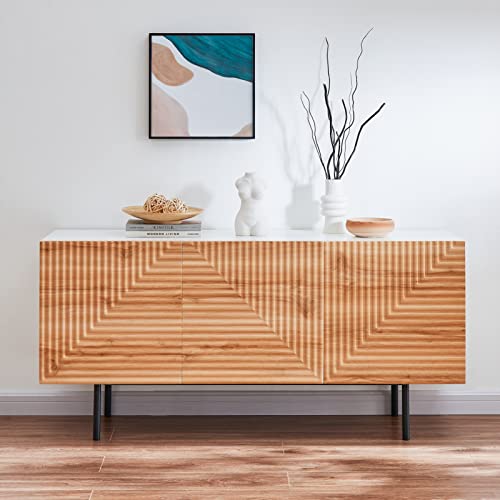Roomfitters Mid Century TV Stand for TV's up to 65", Buffet Cabinet, Sideboard Credenza, Entertainment Center, Poplar Wood Print Carved and Geometric Design