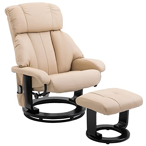 HOMCOM Recliner with Ottoman Footrest, Recliner Chair with Vibration Massage, Faux Leather and Swivel Wood Base for Living Room and Bedroom, Cream White