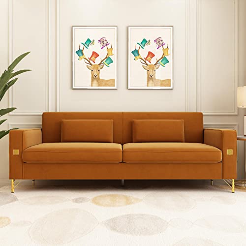 Orange Velvet Couch Sofa Loveseat, 85.63 Wide Mid-Century Modern Love Seat Tufted Chesterfield Velvet Sofa Futon with Curved Arm Gold Leg, 3 Seat Sofa Large Comfy Sofas Couches for Livingroom (Orange)