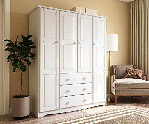 Palace Imports 100% Solid Wood Family Wardrobe/Armoire/Closet 5961, White, 60" W x 72" H x 21" D. 3 Clothing Rods Included. NO Shelves Included. Optional Shelves Sold Separately