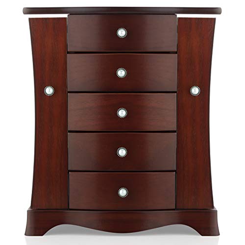 RR ROUND RICH DESIGN Jewelry Box - Made of Solid Wood with Tower Style 4 Drawers Organizer and 2 Separated Open Doors on 2 Sides and Large Mirror Brown