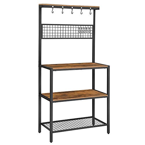 VASAGLE Bakers Rack, Coffee Bar, Kitchen Storage Shelf Rack with 10 Hooks, 3 Shelves, Adjustable Feet, for Microwave Oven, 15.7 x 33.1 x 66.9 Inches, Industrial, Rustic Brown and Black UKKS17BX