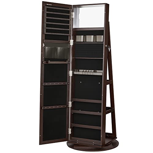 SONGMICS 360° Swivel Jewelry Cabinet, Lockable Jewelry Organizer with Full-Length Mirror, Rear Storage Shelves, Built-in Small Mirror, Jewelry Armoire, for Women, Brown UJJC006R01