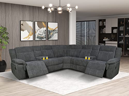 Manual Reclining Sectional Sofa Fabric Upholstery Sofa Set with Foam Filled Seat and Back, Solid Wood Frame with Cup Holders Manual Reclining Sectional Sofa Fabric Upholstery Sofa Set with Foam Filled Seat and Back, Solid Wood Frame with Cup Holders