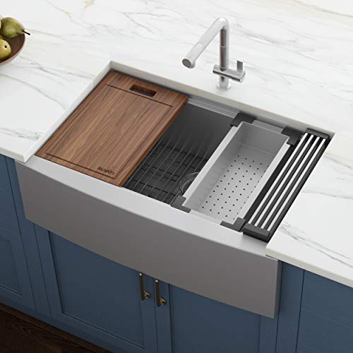 Ruvati Verona RVH9300 36" Apron-front Workstation Farmhouse Single Bowl Kitchen Sink, Stainless Steel, 16 Gauge