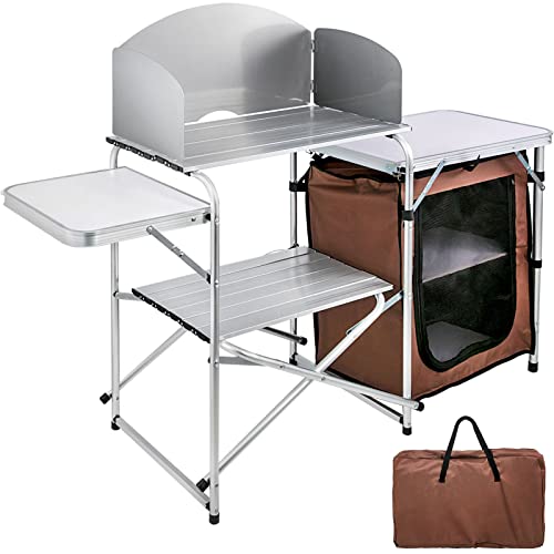 VBENLEM Outdoor 2-Tier Kitchen with Zippered Bag, Portable Folding Cook Table for BBQ, Party and Camping, Brown
