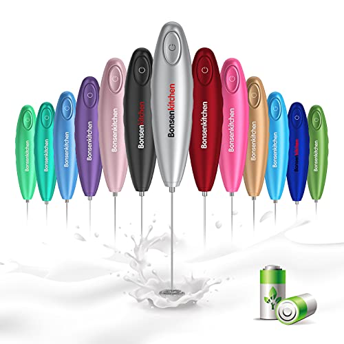 Bonsenkitchen Milk Frother Handheld, Automatic Hand Frother Milk Foam Maker for Bulletproof Coffee, Matcha, Hot Chocolate Stainless Steel Whisk Battery Operated Mini Drink Mixer (Batteries Included)