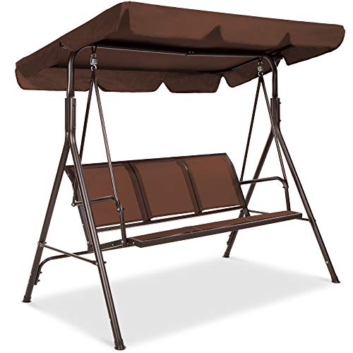 Best Choice Products 3-Seater Outdoor Adjustable Canopy Swing Glider, Patio Loveseat Bench for Deck, Porch w/ Armrests, Textilene Fabric, Steel Frame - Brown