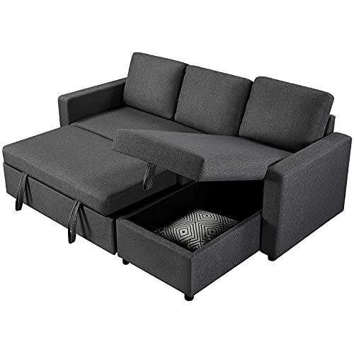 Yaheetech Sectional Sofa L-Shaped Sofa Couch Bed w/Chaise, Reversible Couch Sleeper w/Pull Out Bed & Storage Space, 4-seat Fabric Convertible Sofa, Pull Out Couch, Suitable for Living Room Dark Gray
