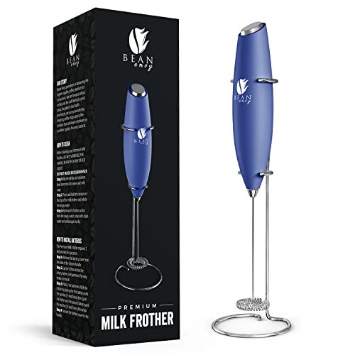 Bean Envy Milk Frother for Coffee - Handheld, Mini Electric Drink Mixer, Foamer & Frother with Stand for Coffee, Lattes, Hot Chocolates and Shakes - Blue