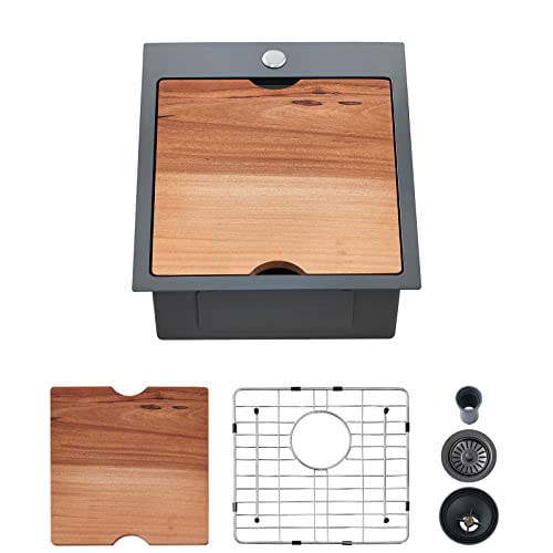 EcoChannels Kitchen Sink, 17 x 19 Inch Drop in Bar Sink Gunmetal Black Stainless Steel Workstation Sink Topmount Kitchen Sink Single Bowl with Cutting Board