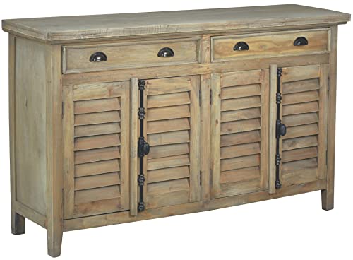 Sunset Trading Cottage Shutter Door Credenza Solid Wood Sideboard | Fully Assembled Cabinet Buffet Server, 58" Wide, Distressed Driftwood Brown