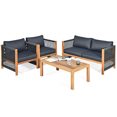 Tangkula Outdoor Wood Furniture Set, Acacia Wood Frame Loveseat Sofa, 2 Single Chairs and Coffee Table, 4 Pieces Conversation Set with Cushions, Garden Balcony Poolside Outdoor Living Set (1, Grey) Tangkula Outdoor Wood Furniture Set, Acacia Wood Frame Loveseat Sofa, 2 Single Chairs and Coffee Table, 4 Pieces Conversation Set with Cushions, Garden Balcony Poolside Outdoor Living Set (1, Grey)