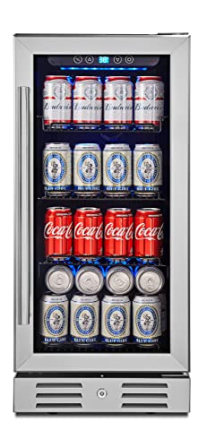 Kalamera 15” Beverage Cooler and Refrigerator Under Counter Built-in or Freestanding - 96 Cans Capacity Mini Fridge- for Soda, Water, Beer or Wine - For Kitchen or Bar with Blue Interior Light