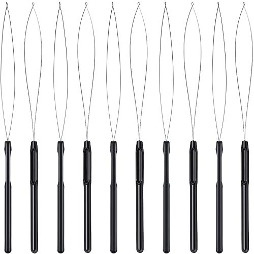 10 Pieces Hair Extension Loop Needle Threader Pulling Hook Tool and Bead Device Tool Black Loop Threader for Hair or Feather Extensions (Black)