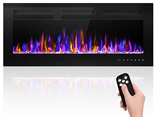 BETELNUT 40" Electric Fireplace Wall Mounted and Recessed with Remote Control, 750/1500W Ultra-Thin Wall Fireplace Heater W/ Timer Adjustable Flame Color and Brightness, Log Set & Crystal Options