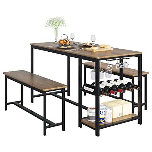 HITHOS 3-Piece Dining Table Set, Rustic Wood Kitchen Dinner Table with Benches for 4, Breakfast Nook Table with Wine Rack and Glass Holder, Rustic Brown HITHOS 3-Piece Dining Table Set, Rustic Wood Kitchen Dinner Table with Benches for 4, Breakfast Nook Table with Wine Rack and Glass Holder, Rustic Brown