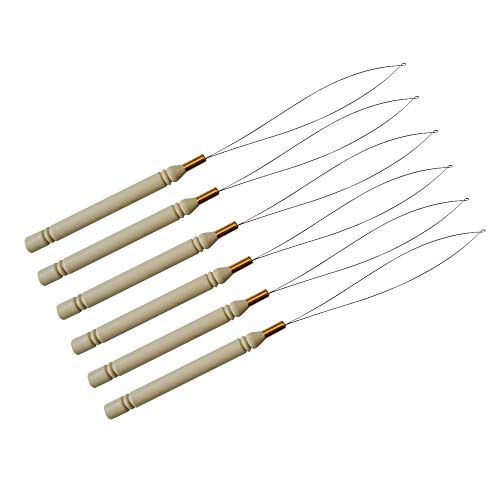 6 pcs Wood-like Hair Extension Loop Needle Threader Wire Pulling Hook Bead Tool for Silicone Link Rings Beads and Feathers Extensions Loop Tools