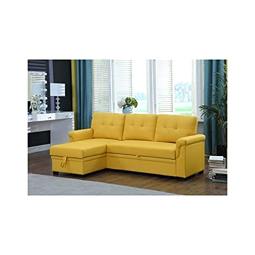 Lilola Home Linen Reversible Sleeper Sectional Sofa with Storage Chaise, Yellow