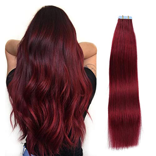 SUYYA Tape in Hair Extensions Human Hair Burgundy 26 Inch 60g/pack 20pcs Straight Seamless Skin Weft Tape in Real Human Hair Extensions Wine Red(26inch #Burgundy)