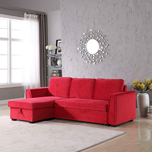 Legend Furniture Velvet Chaise Storage Reversible Sofa Bed Sleeper Sectional, Red