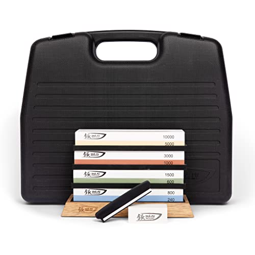 Premium whetstone knife sharpening set | Total of 8 grits stones to sharpen any tool, knife or pocket knife - Includes 8 whetstones, carrying case, acacia wood base, flattening stone and angle guide