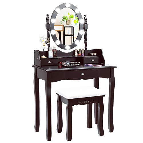 CHARMAID Vanity Table Set with Lighted Mirror, 10 Dimmable LED Bulbs, Girls Vanity Desk with 3 Drawers, Makeup Dressing Table with Rotating Mirror and Cushioned Stool (Brown) CHARMAID Vanity Table Set with Lighted Mirror, 10 Dimmable LED Bulbs, Girls Vanity Desk with 3 Drawers, Makeup Dressing Table with Rotating Mirror and Cushioned Stool (Brown)
