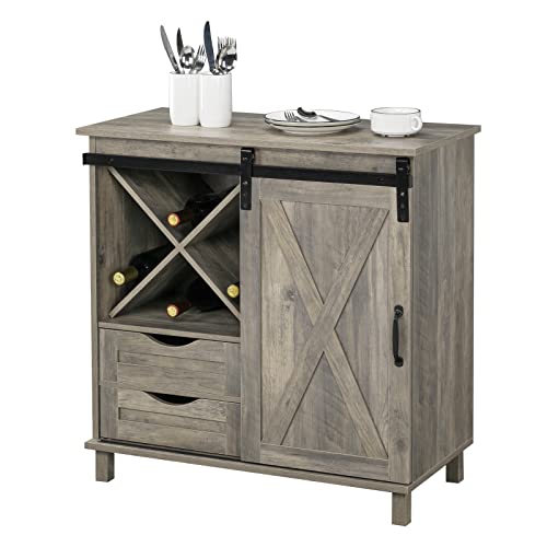 VINGLI Farmhouse Barn Door Wine Liquor Cabinet Home Coffee Bar Furniture w/Removable X-Shaped Wine Rack, Rustic Mini Buffet Sideboard Accent Storage Cabinet with 2 Drawers (Wash Grey) VINGLI Farmhouse Barn Door Wine Liquor Cabinet Home Coffee Bar Furniture w/Removable X-Shaped Wine Rack, Rustic Mini Buffet Sideboard Accent Storage Cabinet with 2 Drawers (Wash Grey)