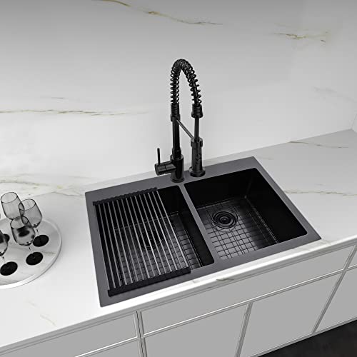 Zeesink Double Bowl Kitchen Sink Drop in,Kitchen Sink Top Mount 33 X 22 inch,Black Stainless Steel Double Sink,Drop in Kitchen Sink Double Sink 16 Gauge Stainless Steel