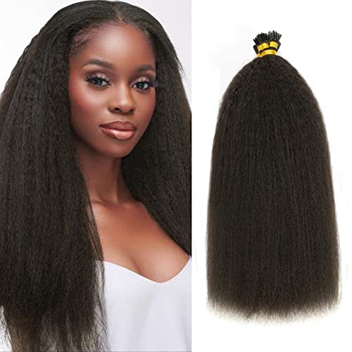 I Tip Hair Extensions Real Human Hair Kinky Straight 100% Remy Itip Human Hair Extensions Virgin 20 Inch Pre Bonded I Tips Micro Links Hair Extensions Human Hair Natural Black 100g 100 Strands