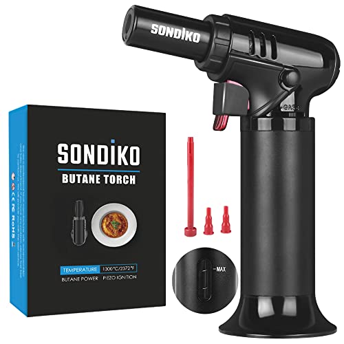 Sondiko Butane Torch with Fuel Gauge S907, Refillable Kitchen Torch Lighter with Safety Lock and Adjustable Flame, One-handed Operation, Fit All Small Butane Tanks Kitchen Torch for Creme Brulee