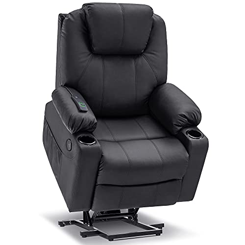 Mcombo Electric Power Lift Recliner Chair Sofa with Massage and Heat for Elderly, 3 Positions, 2 Side Pockets, and Cup Holders, USB Ports, Faux Leather 7040 (Medium, Black)