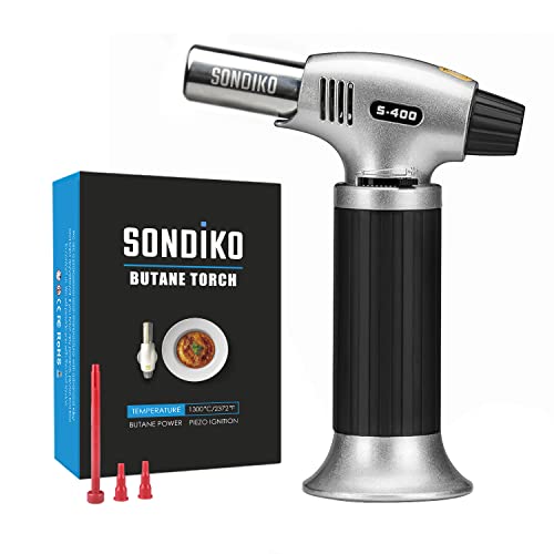 Sondiko Butane Torch S400, Refillable Kitchen Torch Lighter, Fit All Butane Tanks Blow Torch with Safety Lock and Adjustable Flame for Desserts, Creme Brulee, and Baking—Butane Gas Is Not Included