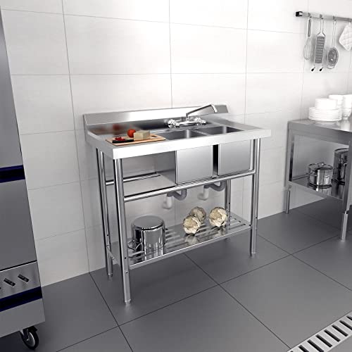 VINGLI 39" W 2-Compartment Commercial Sink Double Basin Sink with Drainboard and A Shelf Underneath, 304 Stainless Steel Table with Sink, Freestanding Utility Sink and Counter for Restaurant, Garage VINGLI 39" W 2-Compartment Commercial Sink Double Basin Sink with Drainboard and A Shelf Underneath, 304 Stainless Steel Table with Sink, Freestanding Utility Sink and Counter for Restaurant, Garage